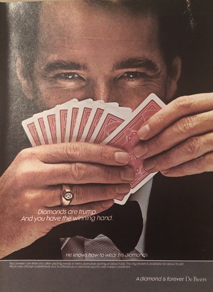 1981 De Beers Diamond Forever Ring PRINT AD Trump Cards Winning Hand VTG 1980s