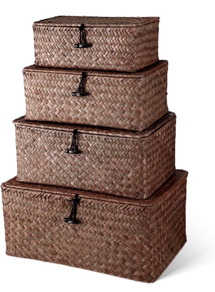 Set of 4 Woven Seagrass Rattan Storage Baskets with Lids for Home Decor