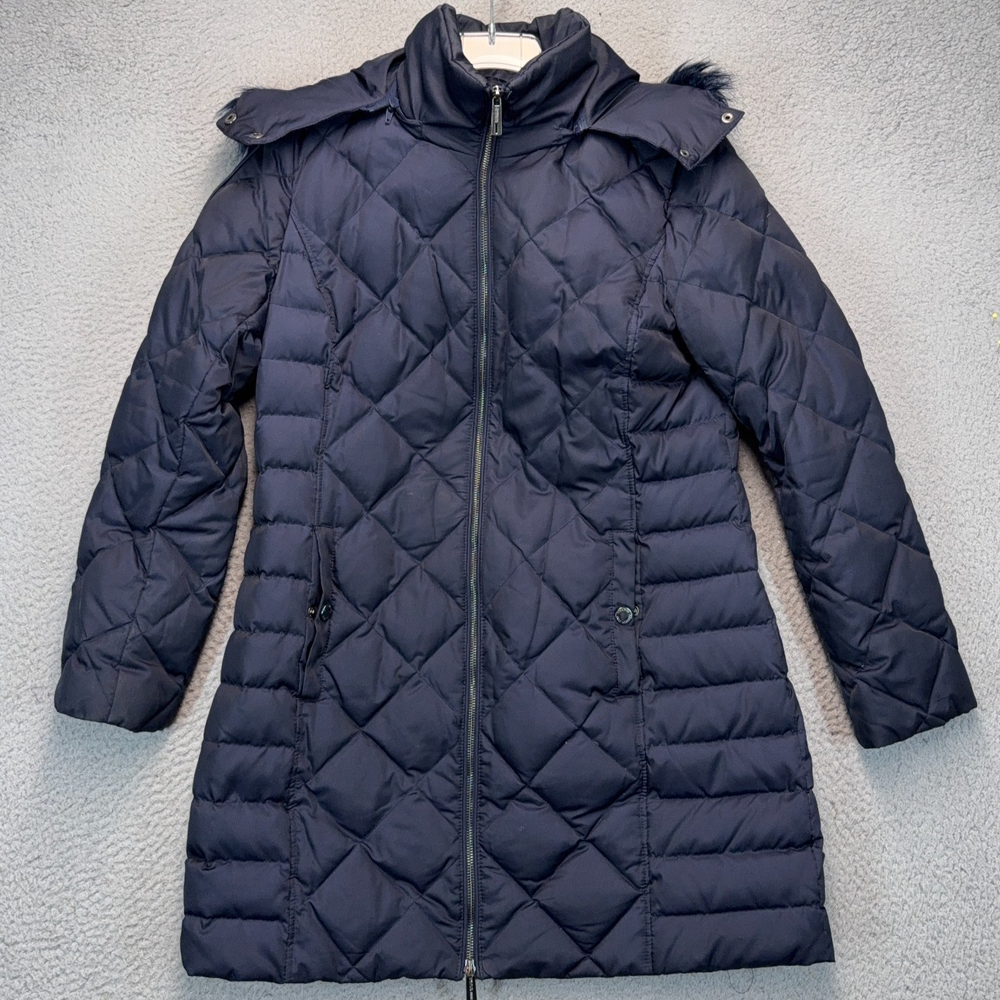 Kenneth Cole Reaction Parka Jacket Womens Large Blue Down Faux Fur Trim Full Zip-image