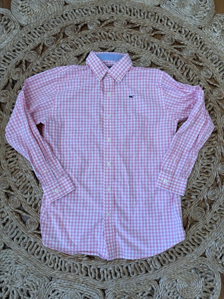 Vineyard Vines Pink Gingham Boy’s Medium 12-14 Button Up Dress Up Whale Shirt