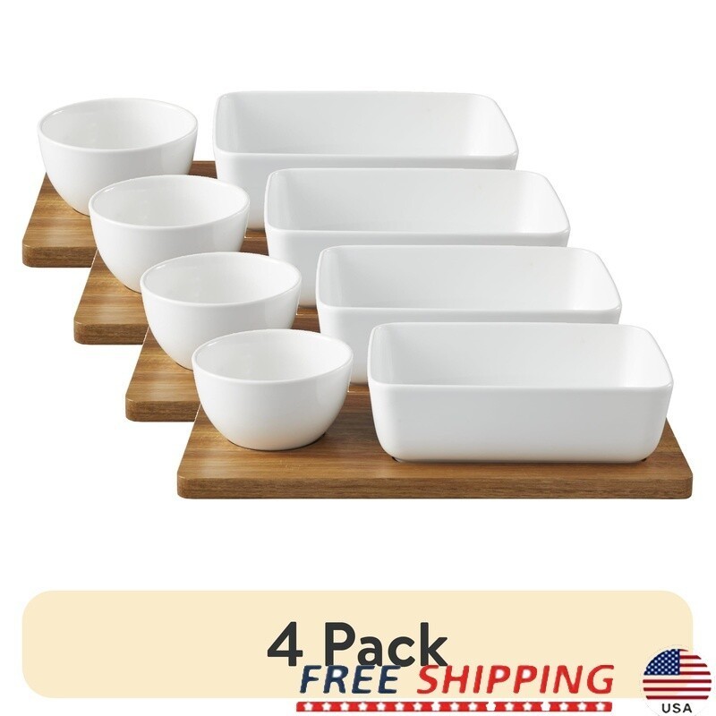 Ceramic Chip & Dip Serving Set W/ Acacia Tray Snacks Appetizers Parties New