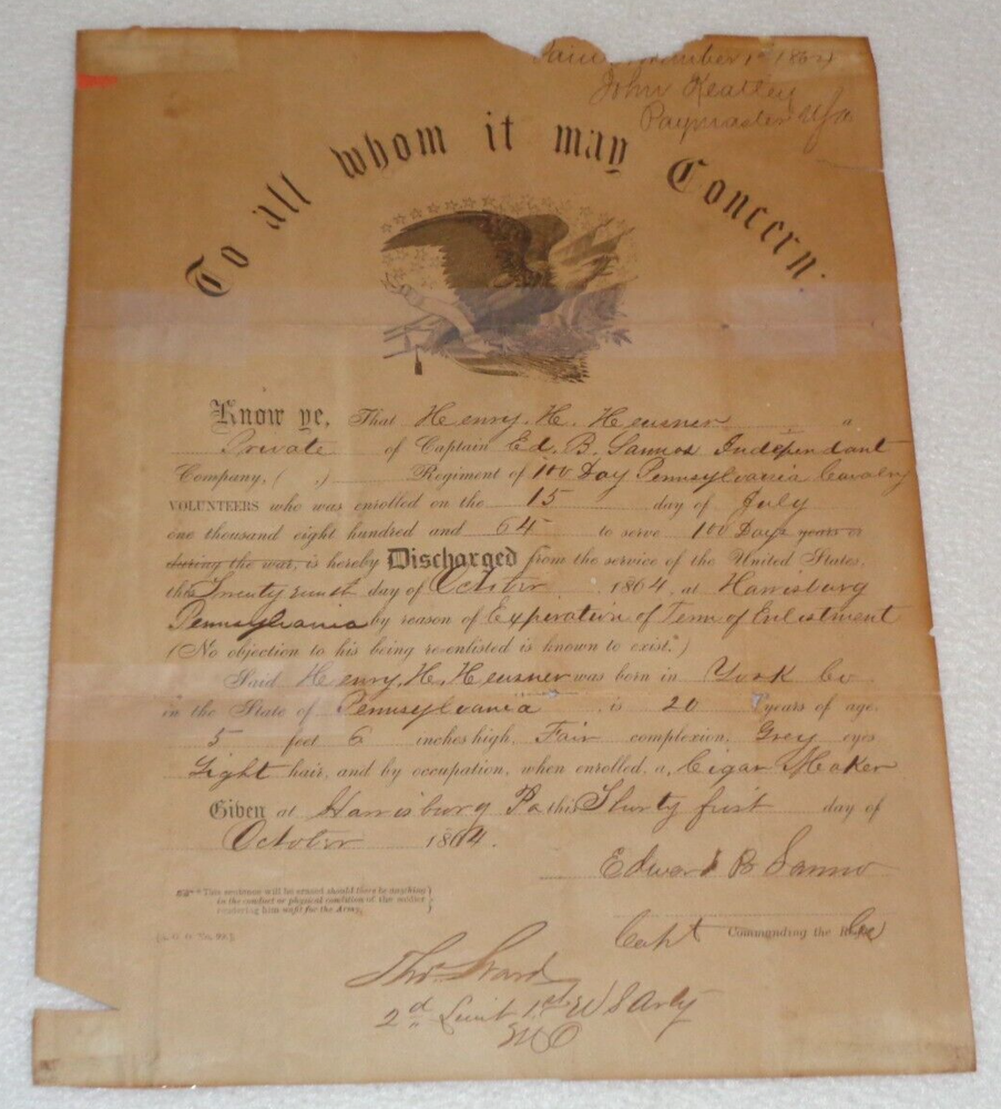 1864 Civil War Discharge Document for 100-Day Pennsylvania Cavalry Sanno Unit
