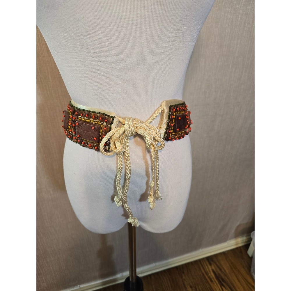Boho handmade Beaded Wood Square Accent Wide Waist Belt Tie Sash Women
