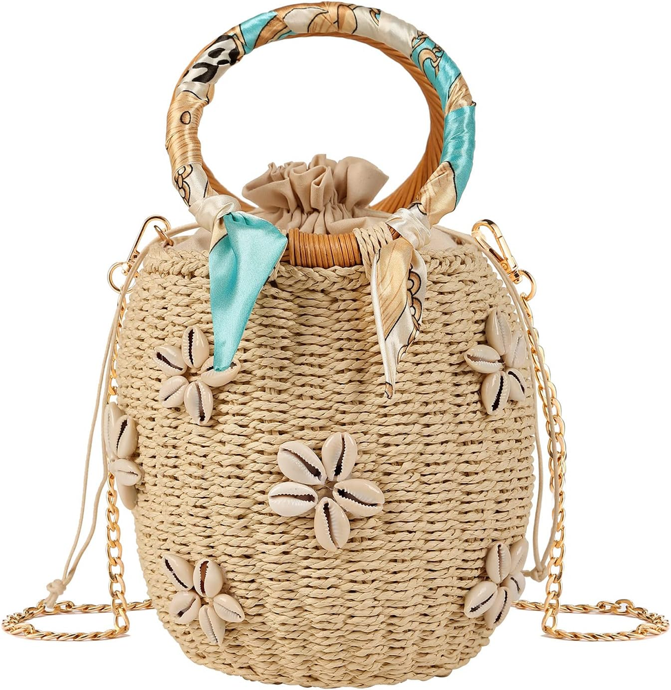 Pearl Flower Straw Woven Tote Bag Summer Beach Rattan Handle Bucket Bag Straw Pu