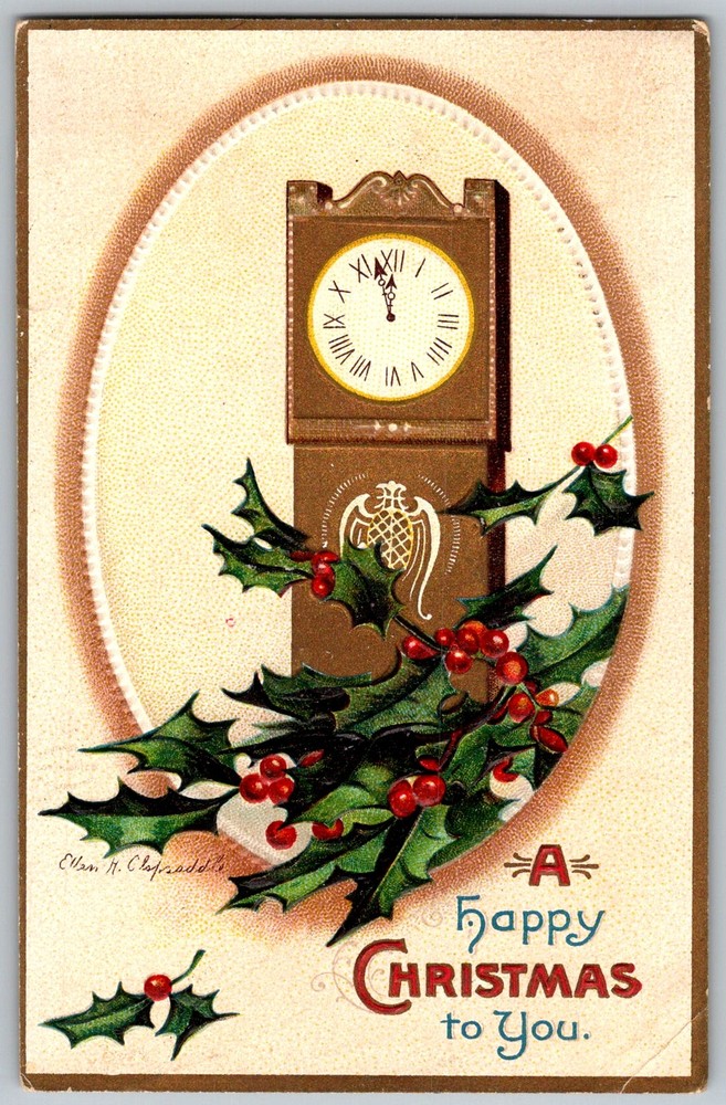Antique Postcard Grandfather Clock Holly 1900s