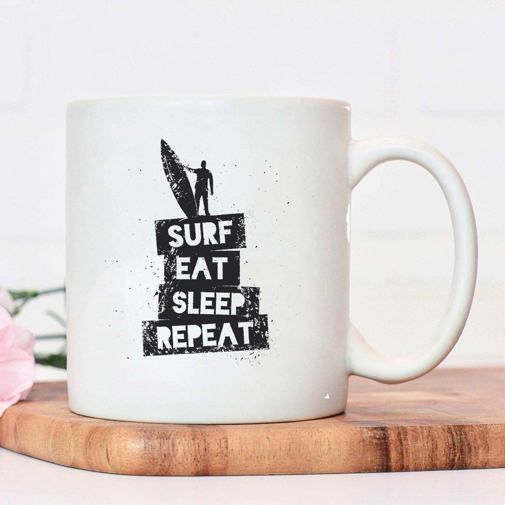 Personalised White Ceramic Mug 11oz Surf Eat Sleep Repeat Mug Birthday Gift
