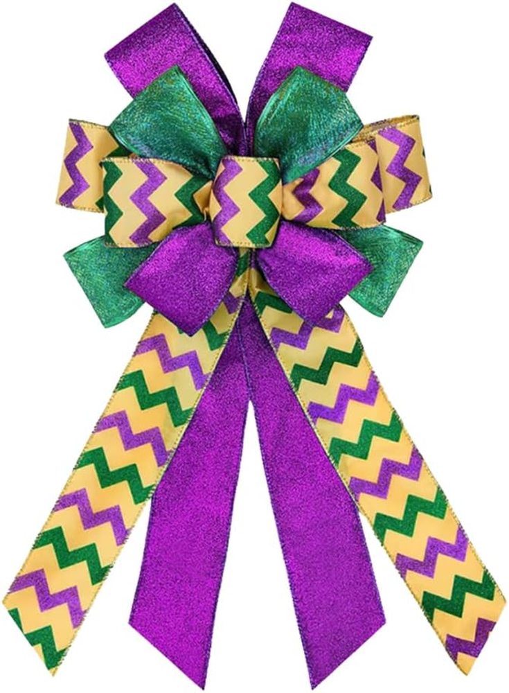 Mardi Gras Wreath Bows, Green Purple Glitter Bows for Wreath for Carnival Party