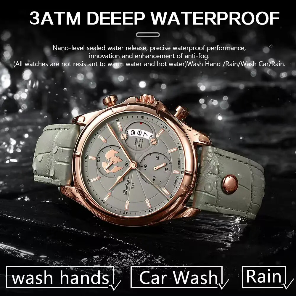 Men's Waterproof Leather Chronograph Watch with Date Display