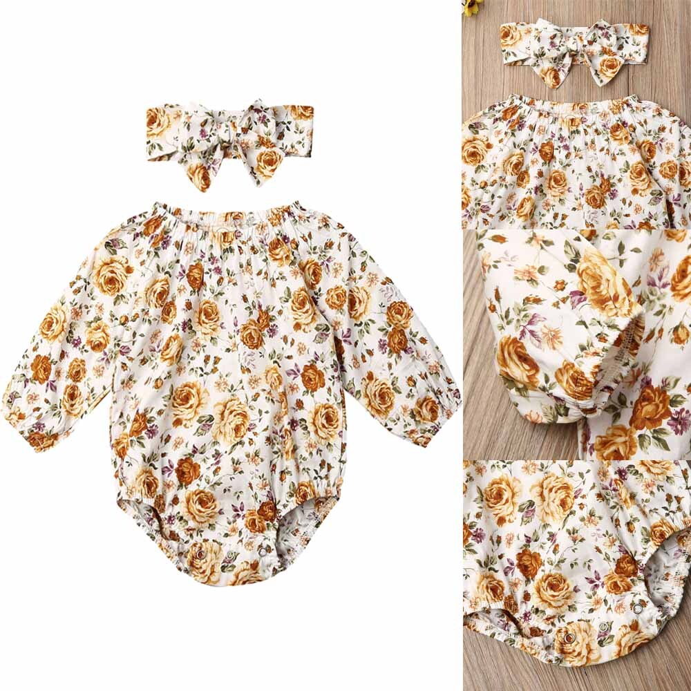 Newborn Baby Girls Clothes Jumpsuit Romper Floral Bodysuit Headband Outfits Set