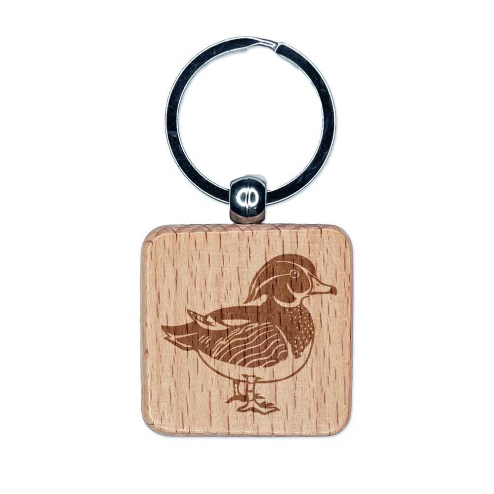 Elegant Wood Duck Engraved Wood Square Keychain Tag Charm