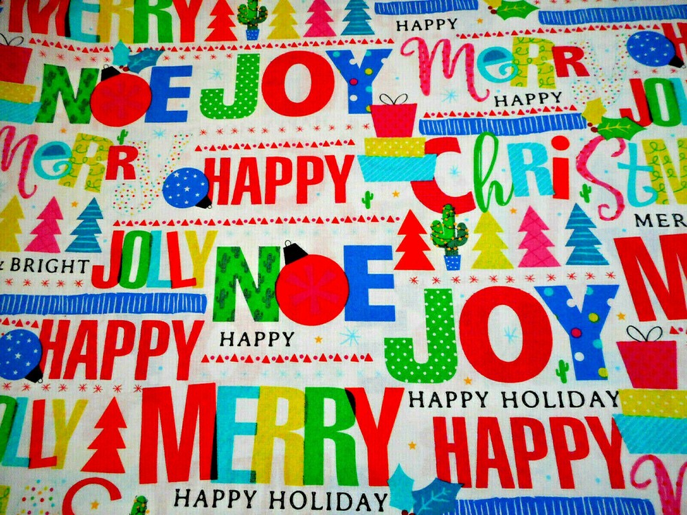 Christmas Fabric 1 7/8 Yard Xmas Words Script White Premium Cotton #22  