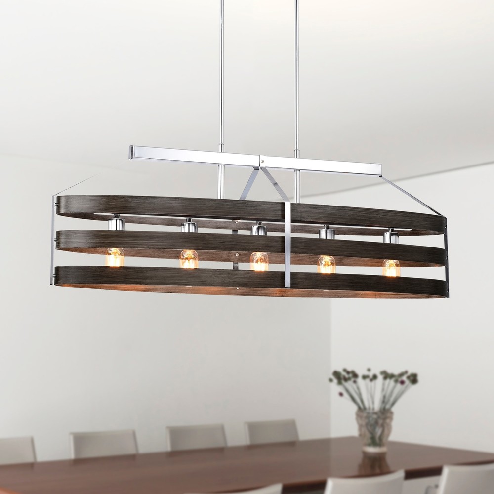 Franc 40 Inch Kitchen Island Pendant chrome Finish 5-Light Imitation Wood Grain