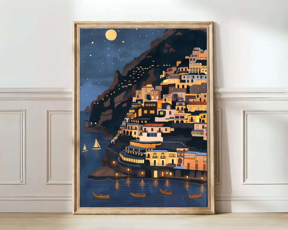 Positano At Night Print Amalfi Print Positano Illustration Positano Travel