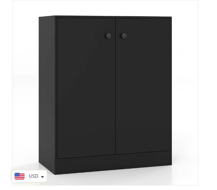 2-Door Black Freestanding Storage Cabinet with 3-Tier Shelves