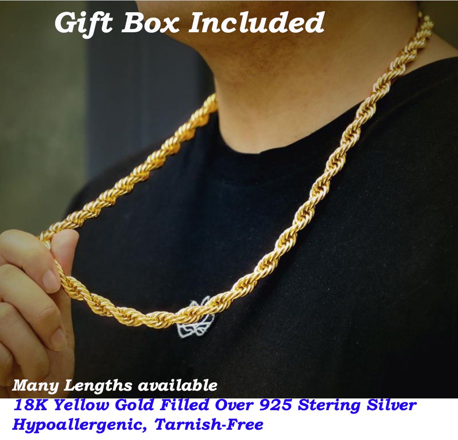 18K Gold Over Sterling Silver Hypoallergenic 28in 2mm Rope Chain Necklace