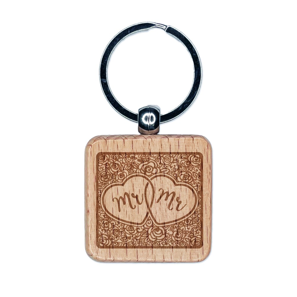 Mr & Mr Intertwined Hearts Floral Wedding Engraved Wood Keychain