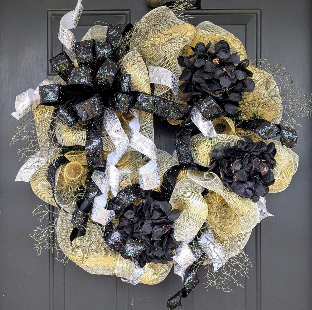 New Year Front Door Wreath with Hydrangeas and Glitter Ribbon  -image
