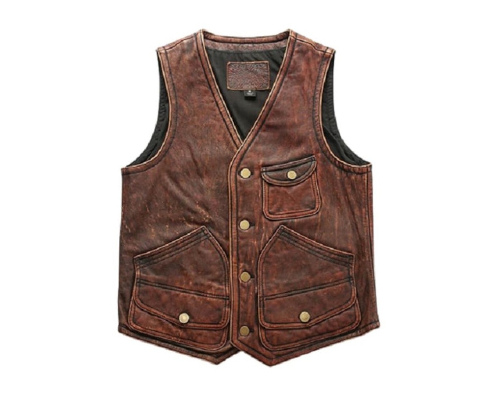 Men's Vintage Cafe Racer Vest Tan Brown Leather Biker Motorcycle Waistcoat