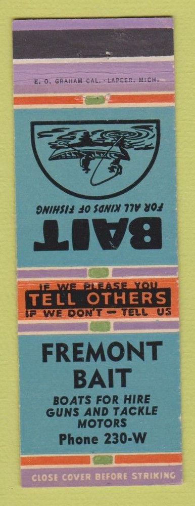 Fremont Bait Fishing Boat Motors Guns Matchbook Cover Vintage Collectible