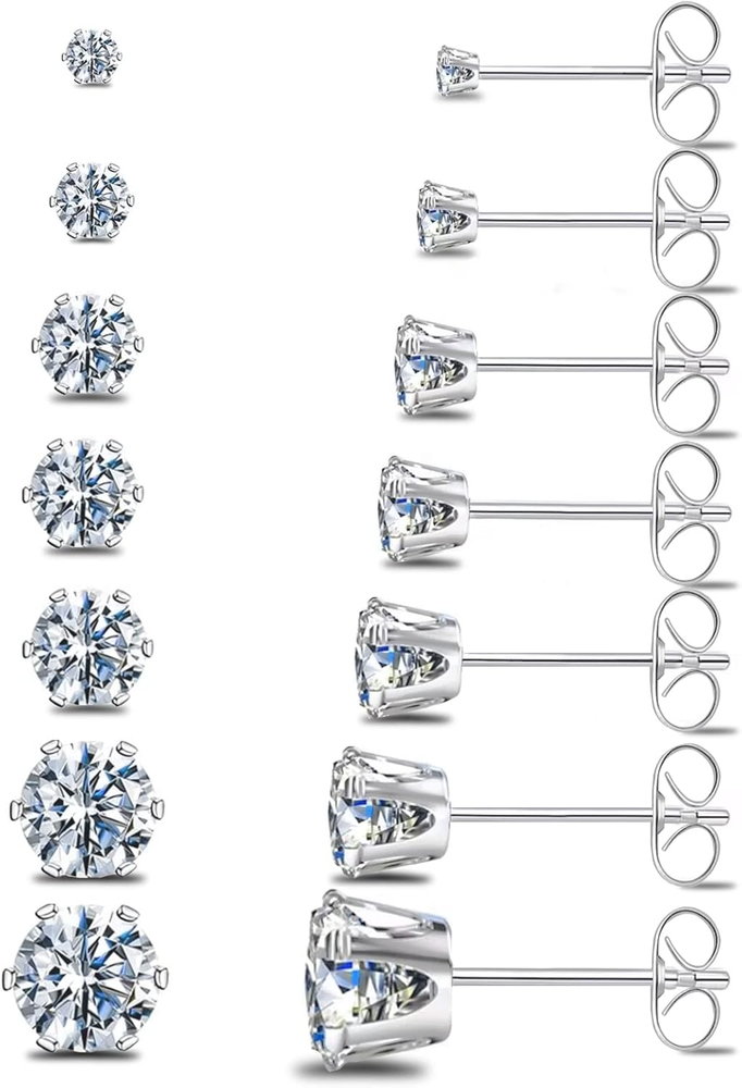 Silver Gold Black Stud Earrings Set 7Pairs Hypoallergenic Cubic Zirconia Titaniu