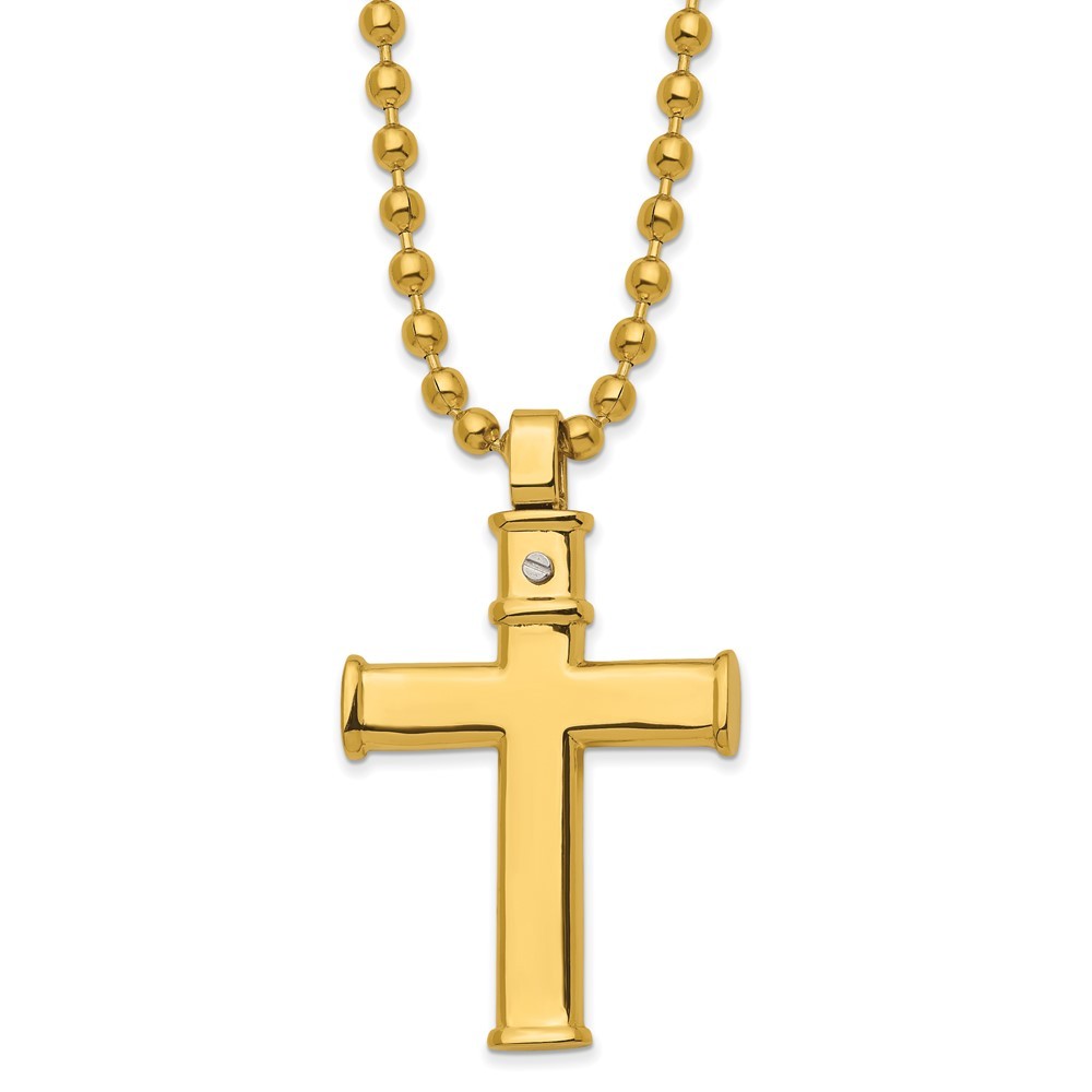 Stainless Steel Yellow IP Cross Pendant Ball Chain Necklace 22 Inch