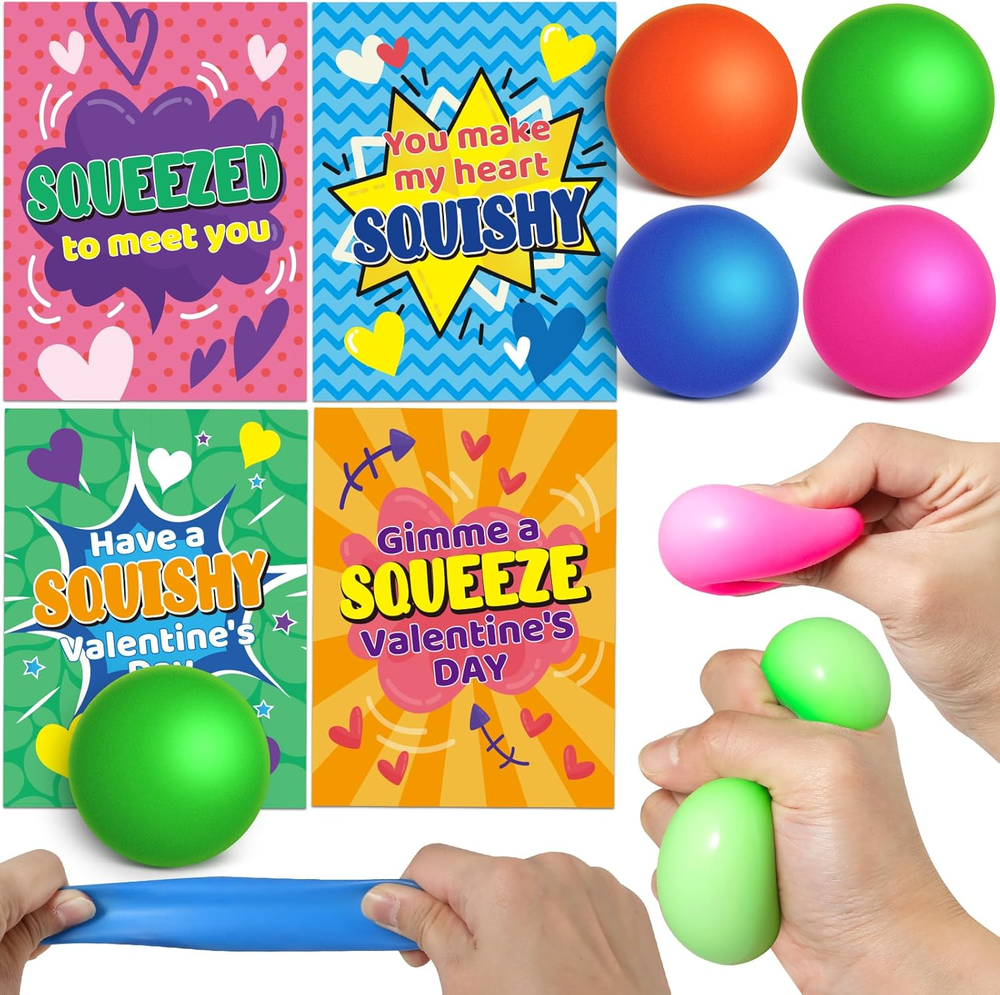 28 Pack Kids Valentine Cards with Cute Squeeze Ball Set for School Exchange  