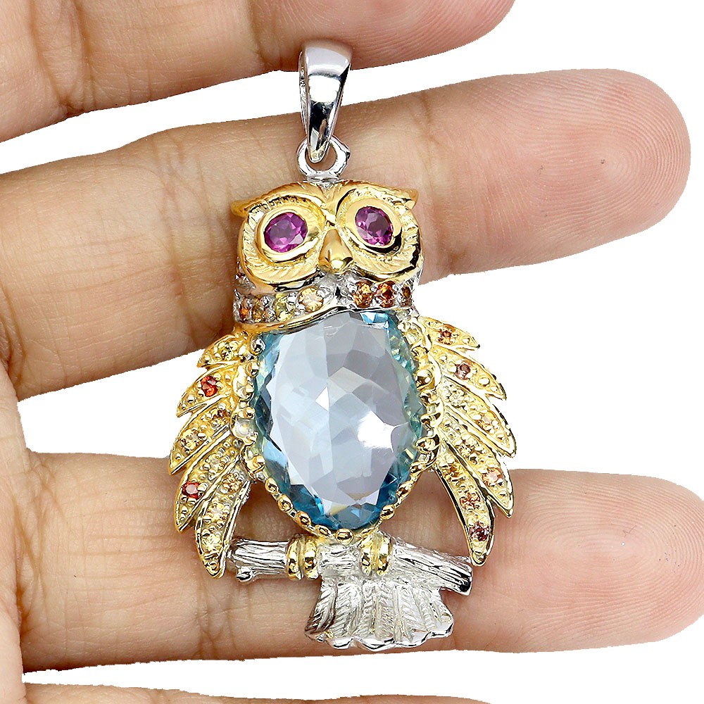 925 Sterling Silver Pendant Oval Swiss Blue Topaz 18ct Sapphire Handmade Owl Gem
