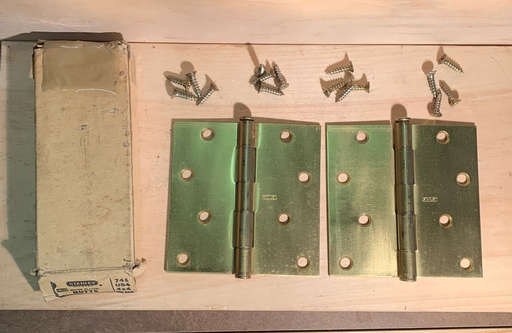 Vintage Stanley 4x4 Polished Brass-Plated Door Hinges Butts 741 w/Screws NOS