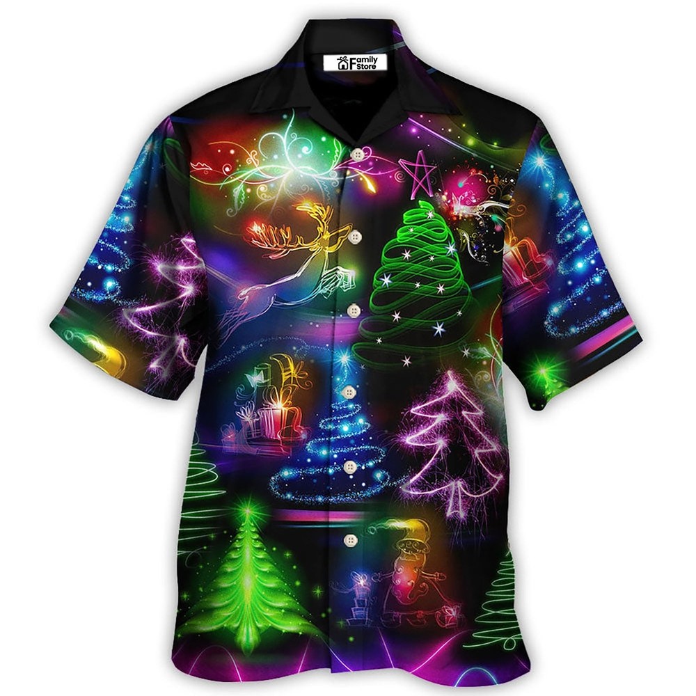 Neon Art Christmas Tree and Snowman Design Vibrant Hawaiian Shirt for Festive Holiday Style