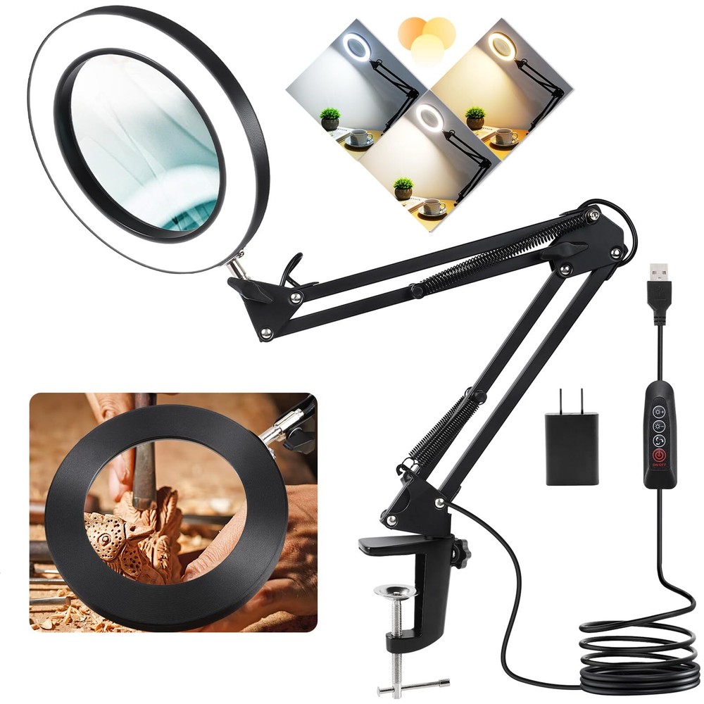 10X Magnifying Glass with Light and Clamp, 3 Color Modes Stepless Dimmable Re...
