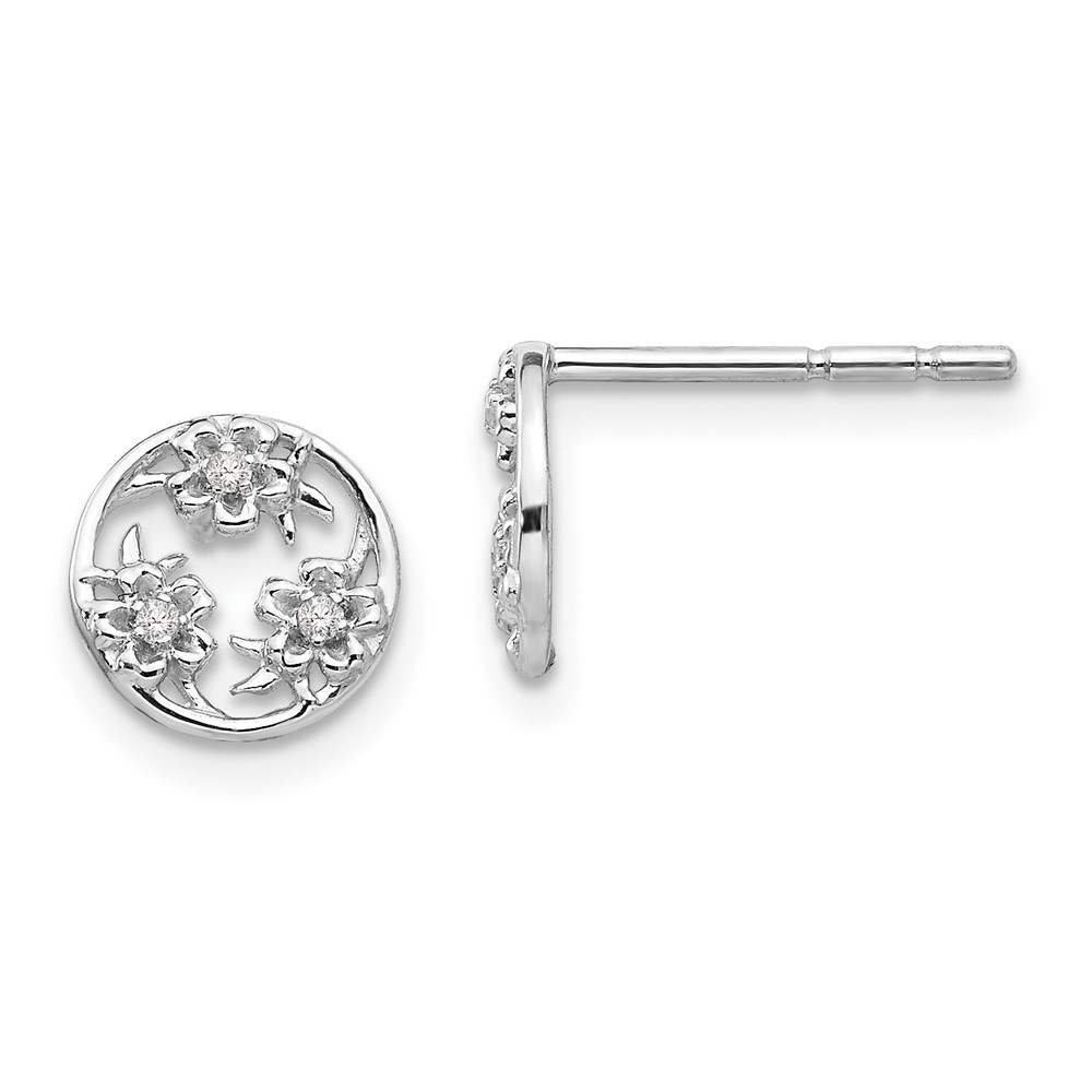 Sterling Silver Rhodium-Plated Diamond Flower Stud Earrings 0.66gm