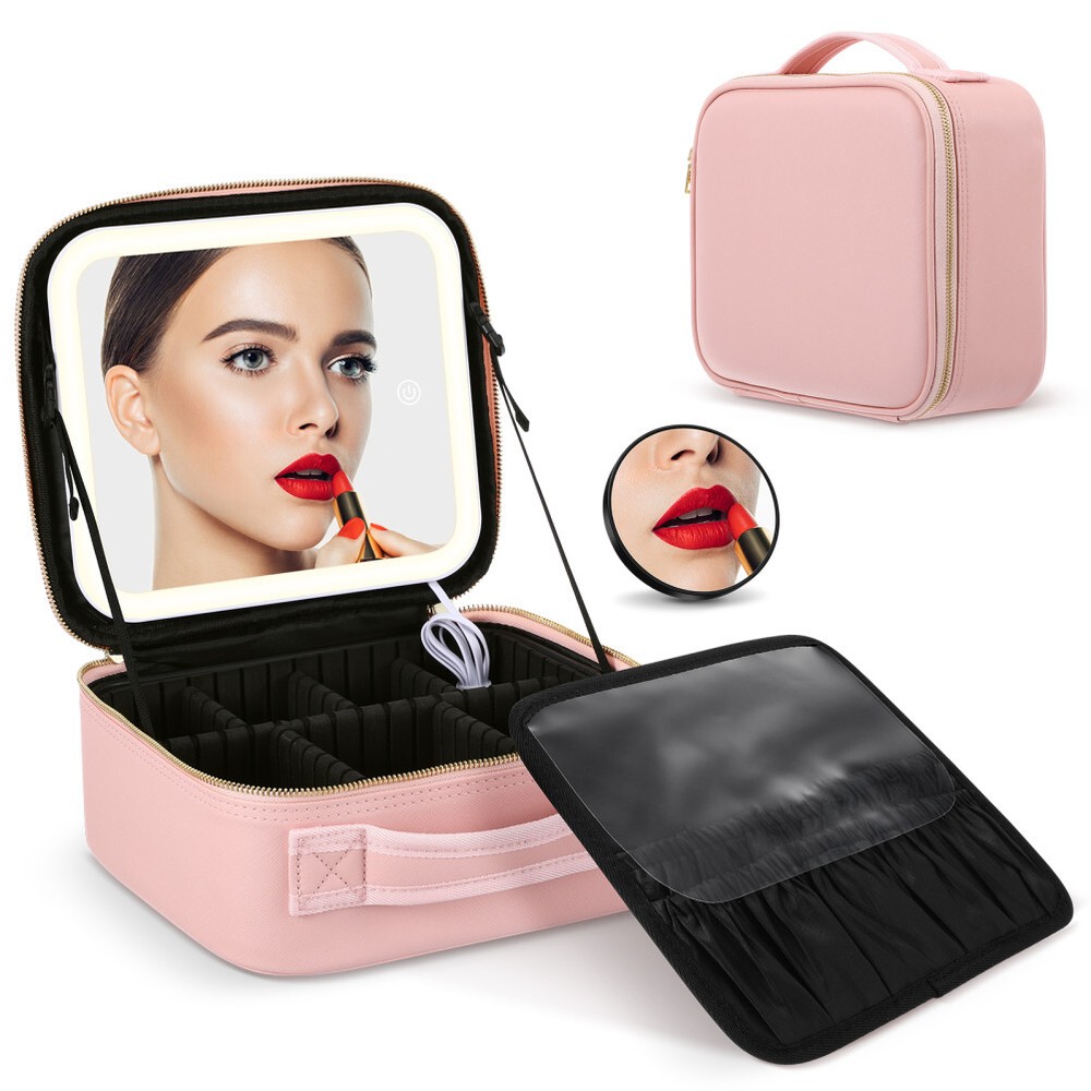 Spacious LED Light Makeup Bag Organizer with Mirror