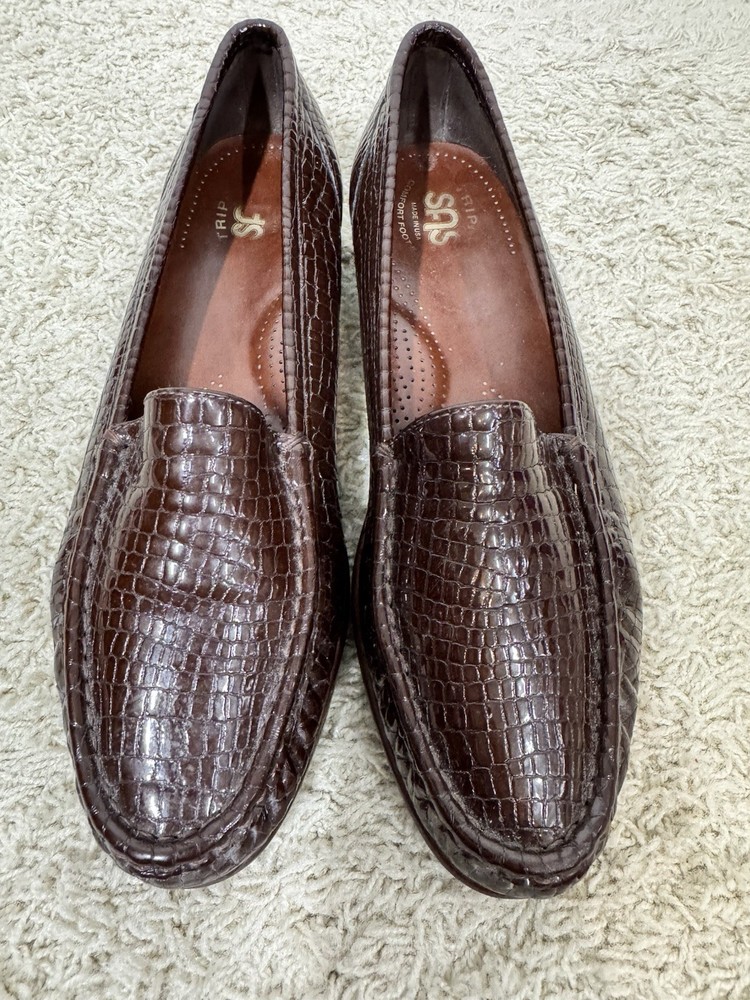 SAS Tripad Croc Embossed Brown Patent Leather Slip-On Loafers Size 9N Comfortable Walking Shoes
