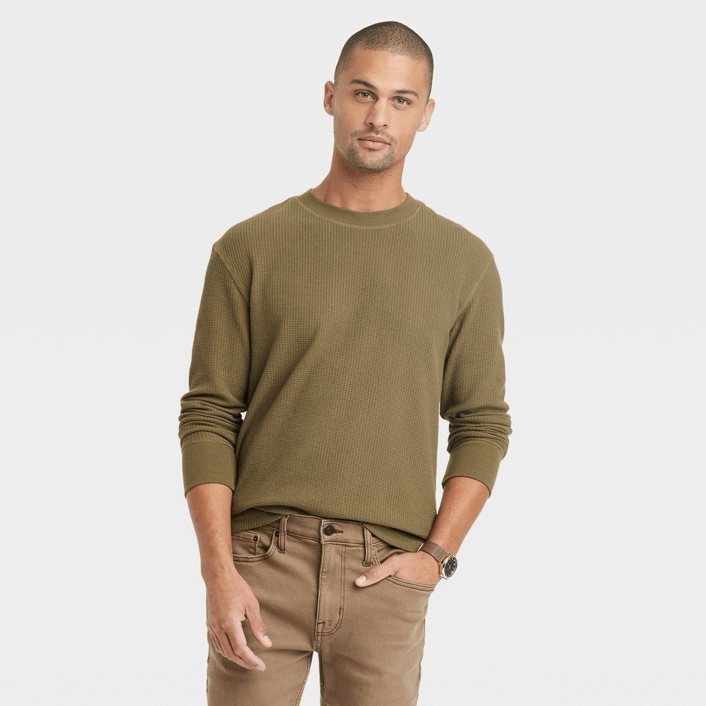 Men's Dark Olive Green Textured Long Sleeve Crewneck Tee - Goodfellow & Co