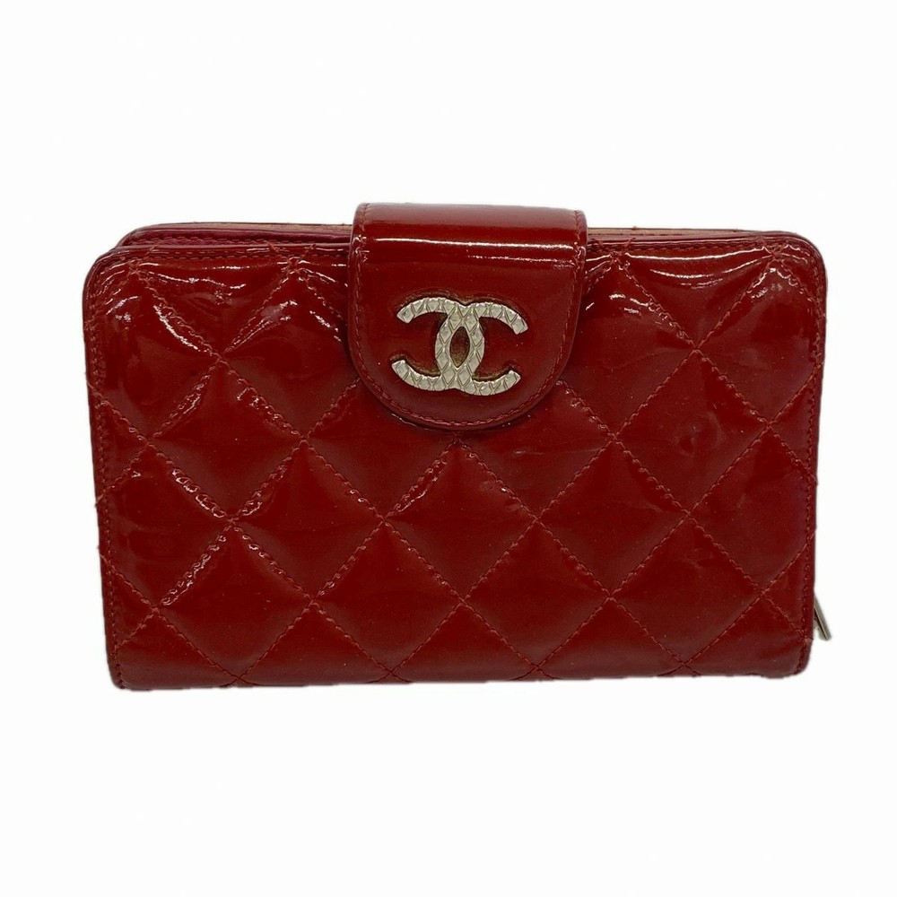 Chanel Wallet Patent Leather Red Silver