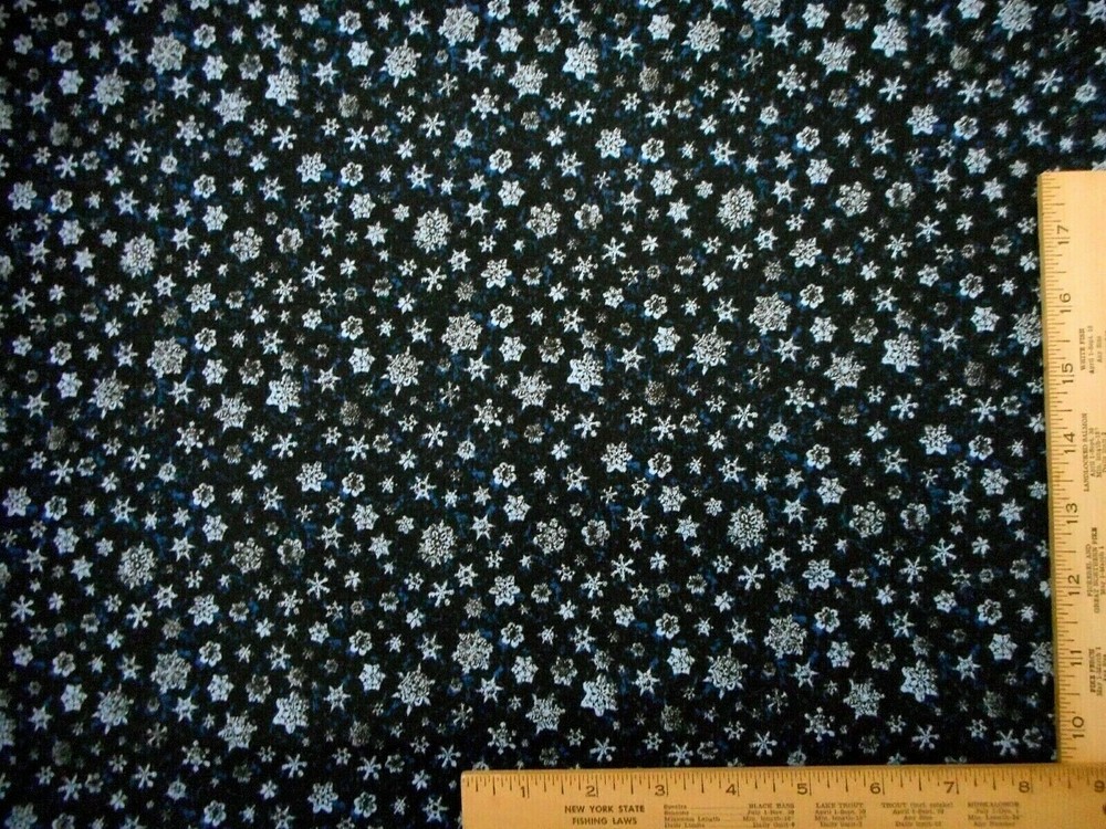 Christmas Fabric 7/8+ Yard Lt Blue Snowflakes on Black Premium Cotton #34