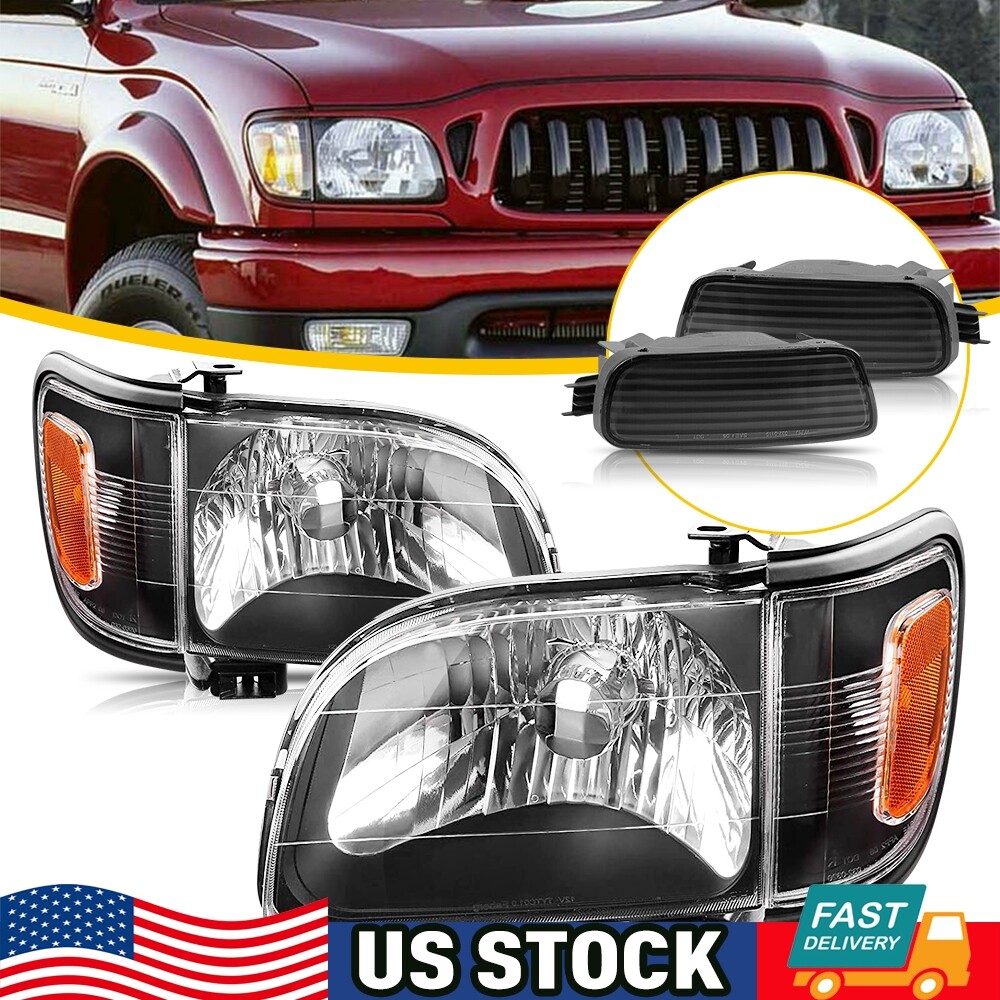 Black Fits 2001-2004 Toyota Tacoma LED Tube Headlights+Bumper Lamps 01 02 03 04