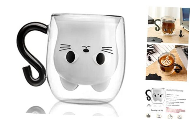 Cat Mugs, Double Wall Glass Cute Coffee Tea Cup, Graduation Valentines Mothers