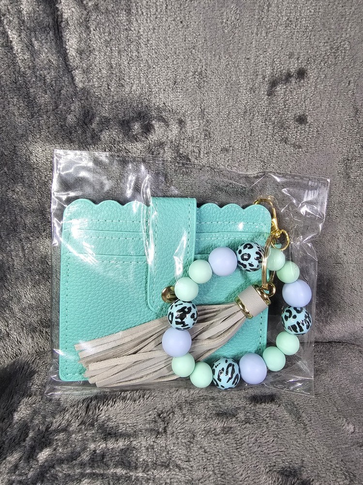 Mint Green Cheetah Print Card Holder With Keychain And Grey Tassel