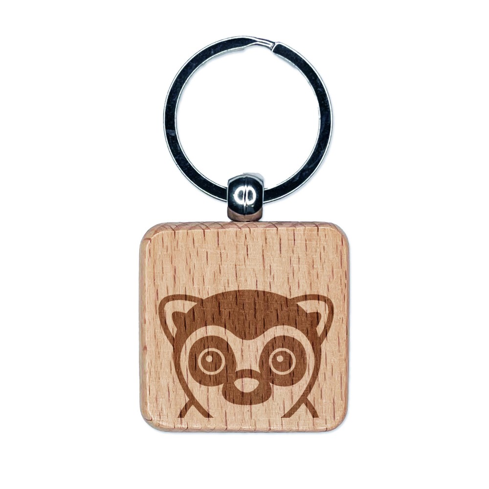 Peeking Lemur Engraved Wood Square Keychain Tag Charm