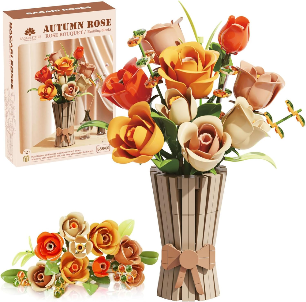 Bagari Roses Bouquet Building Blocks Set with Vase - Artificial Flowers for Creative Play
