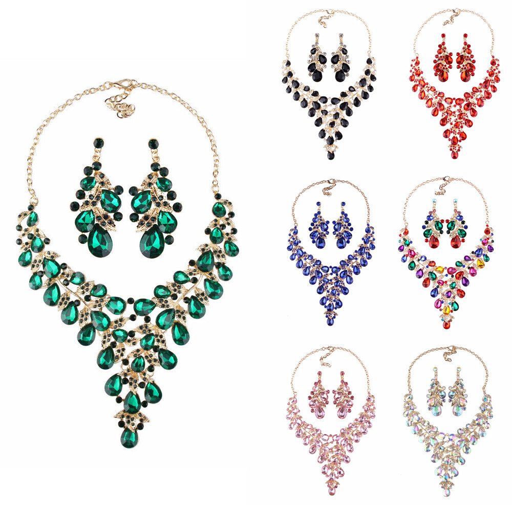 Statement Crystal Rhinestone Necklace Earring Set Wedding Bridal Evening Jewelry