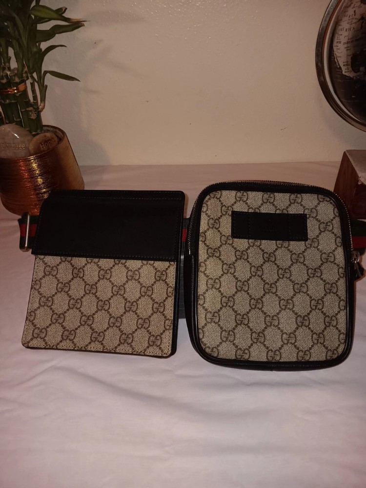 Authentic Gucci GG Supreme Web Belt Bag in Black and Beige