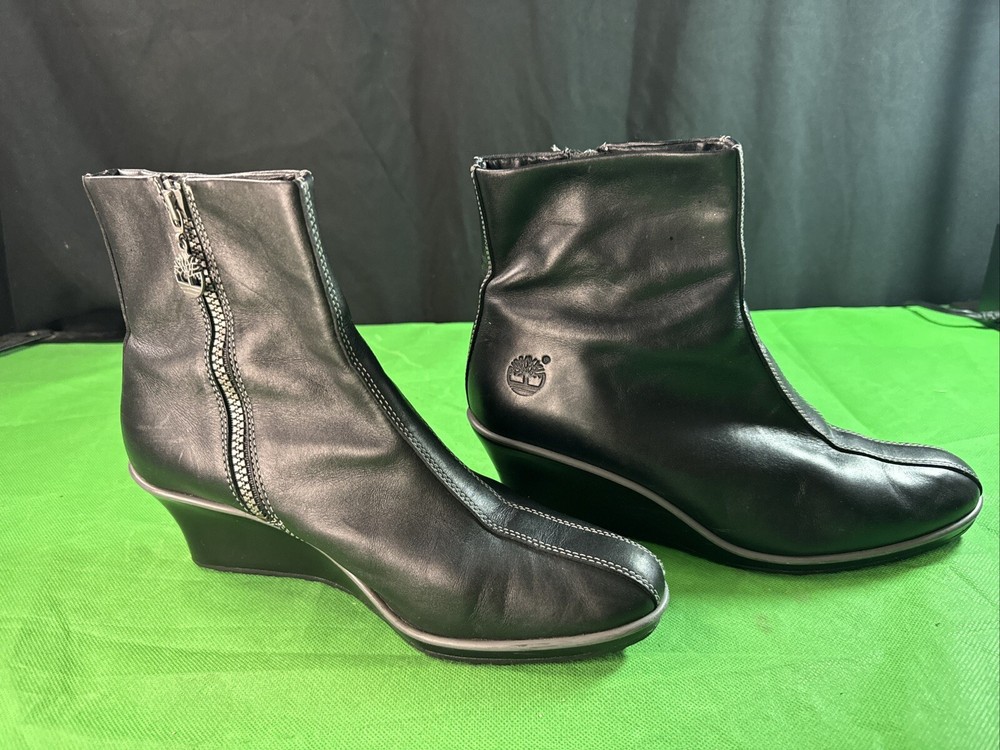 Timberland [89328] Women's Black Wedge Heels Size 9 1/2MSide Zip Genuine Leather