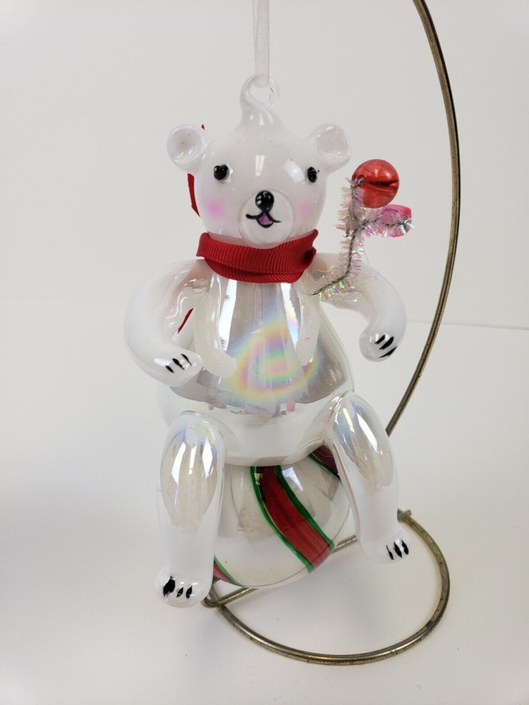 Blown Glass Teddy Bear Christmas Ornament Polar Bear On Striped Ball Large 6”