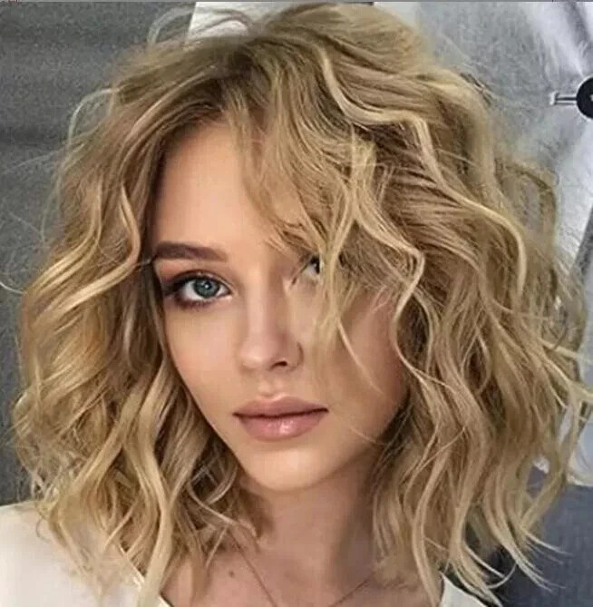 Medium Wavy Gradient Gold Blonde Mix Synthetic Hair Wigs Women Soft Daily