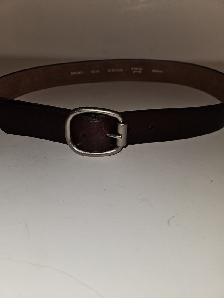 Cinturón unisex de cuero marrón fósil talla mediana hebilla plateada grueso Y2K