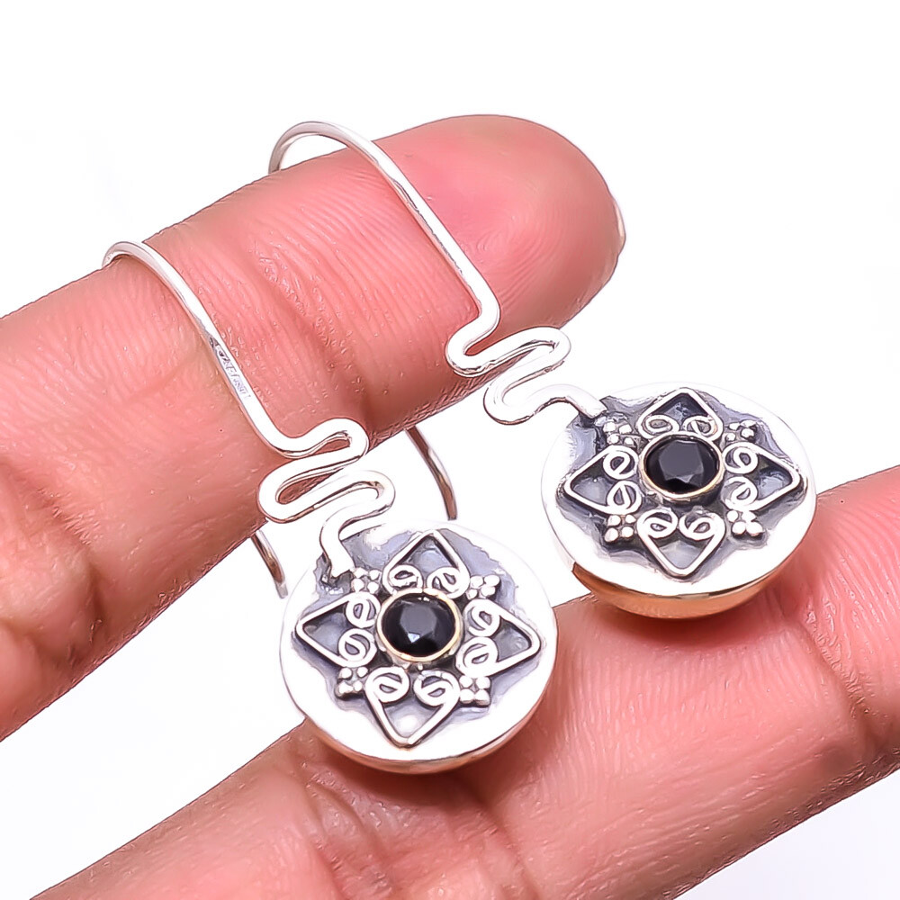 Black Onyx Gemstone 925 Sterling Silver Two Tone Earring 1.56