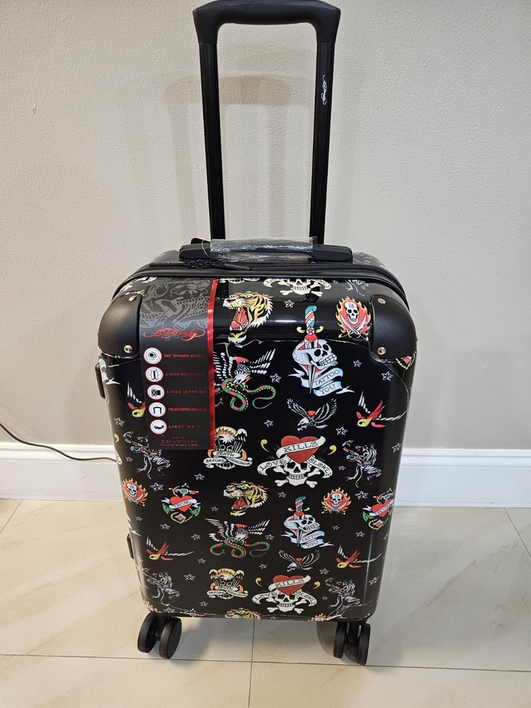 NEW Ed Hardy Carryon Hardside 20” Suitcase-Black-New York City-Tattoo-Travel