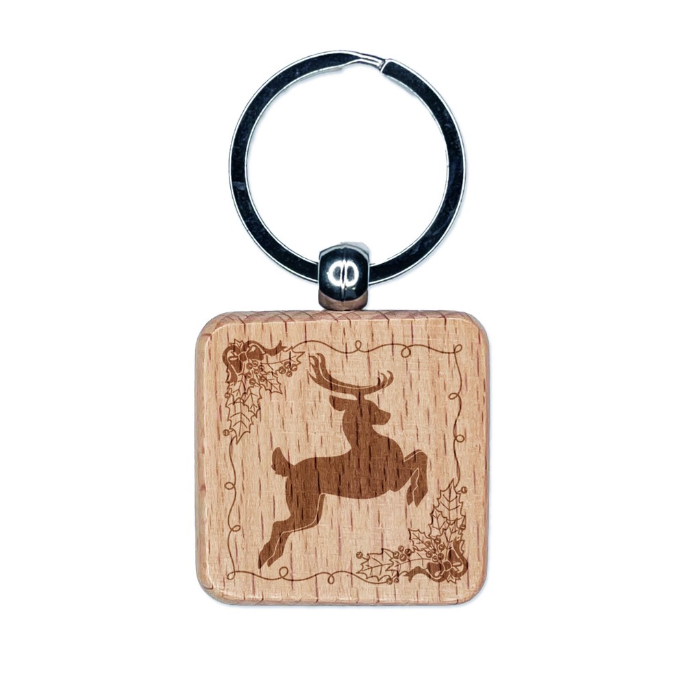 Festive Reindeer Holly Engraved Wood Keychain